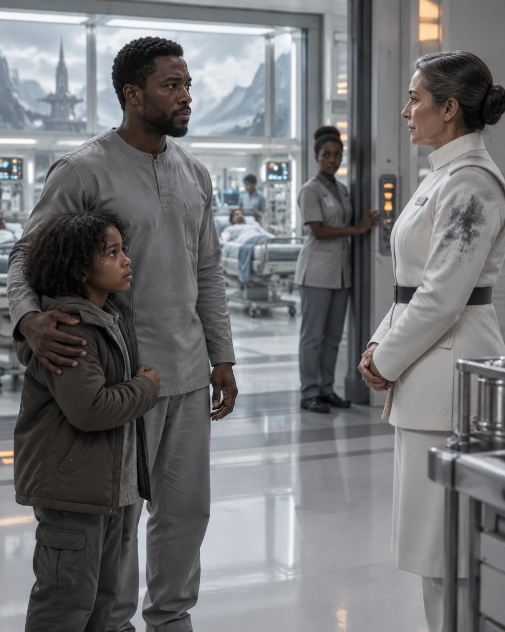 In a cold futuristic ward, a Black man in gray clinical clothing holds a fully clothed child protectively at his side while facing a calm pale-uniformed official with a faint ash stain on one sleeve. A Black woman staff member hesitates beside a door-control panel in the background.